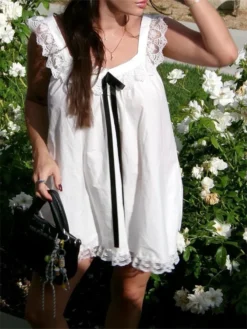 Women Mini Dress Lace Trim Fly Sleeve